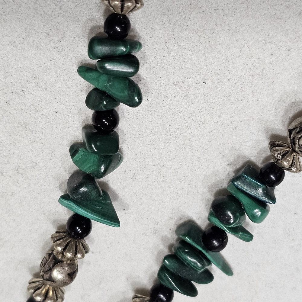 Malachite Necklace with Onyx, Glass, and Silver Beads - Picture 11 of 15